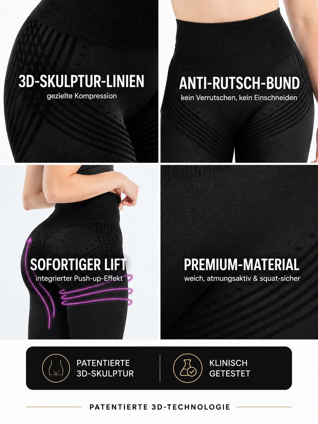 Details der Sculpt 3D Leggings: Sculpt-Linien, Bund, Lift und Gewebe